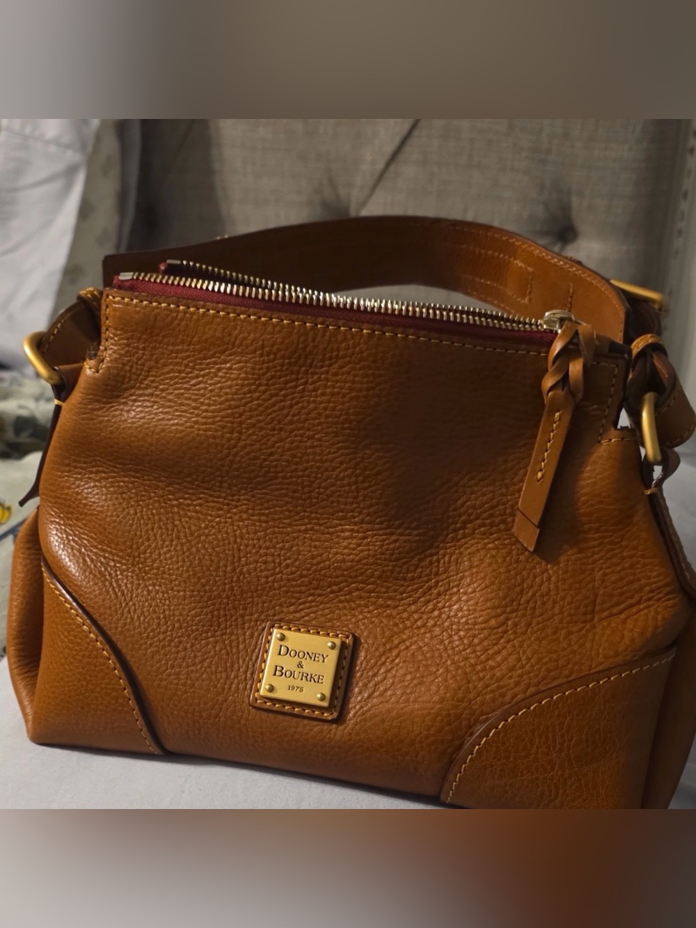 Dooney & Bourke Tan Pebbled Leather Shoulder Bag with Gold Accents